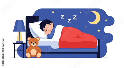 A young boy sleeps soundly in his bed at night under the stars.