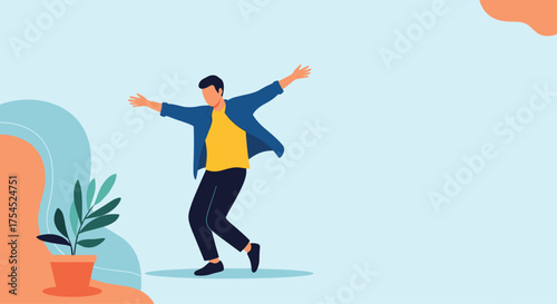 A person dancing freely with joy and enthusiasm in a colorful abstract background.