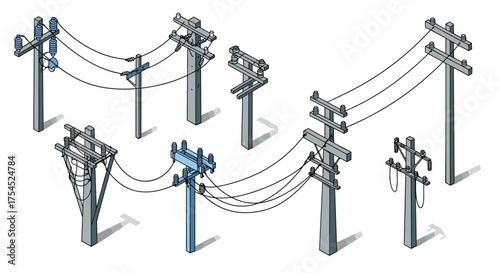 Isometric utility poles with various designs and configurations