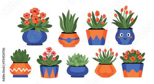 A collection of potted plants with colorful designs.