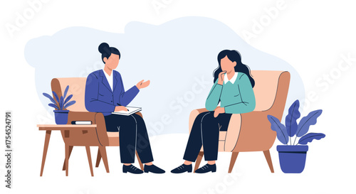 Two people having a discussion in a comfortable therapy session.