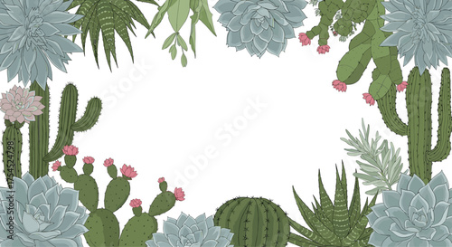 A beautiful and colorful border of various cacti and succulents.