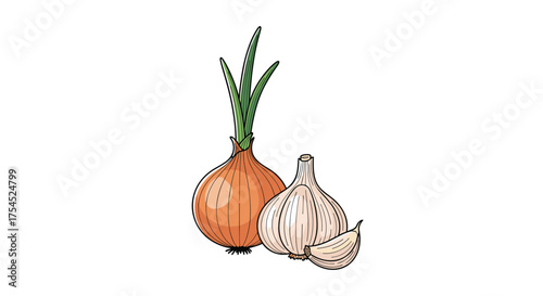 A single onion and a bulb of garlic with a clove on the side.