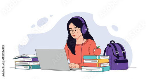 A student with headphones studies online with books and a backpack.