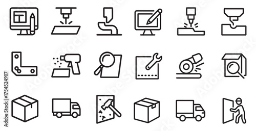 Manufacturing and industry line icons set – linear, outline, production and factory symbols