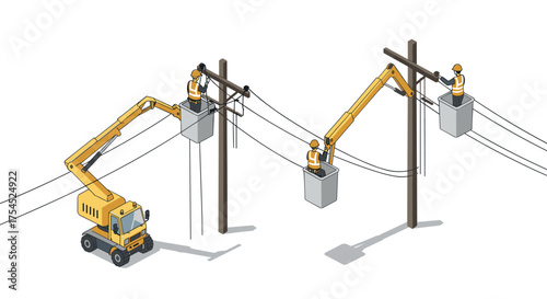 Isometric utility workers fixing power lines with bucket trucks