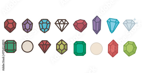 Gem and jewel flat icons set – colorful, solid, gemstone and mineral symbols
