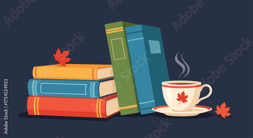 Cozy autumn reading with a warm cup of tea and colorful books.