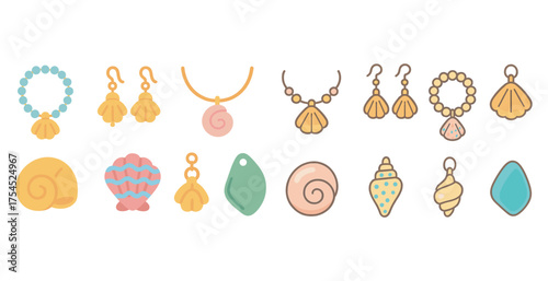 Seashell jewelry flat icons set – coastal, beach-themed decoration symbols