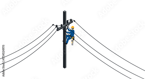 Isometric utility worker climbing electric pole in safety gear