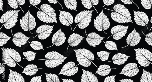 A seamless pattern of textured white autumn leaves scattered on a black background.
