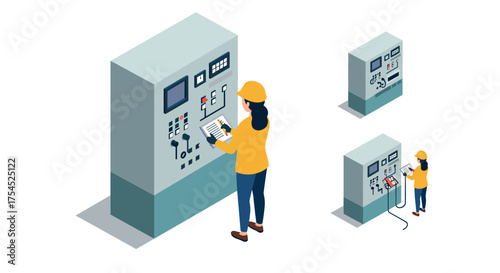 Technician operating control panel in industrial setting with safety gear