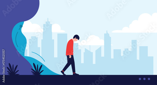 A man walking away from a massive wave approaching a city.