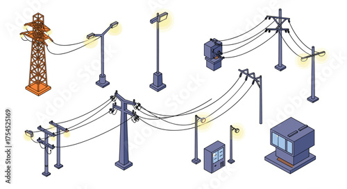 Isometric power poles and street lamps set with electric lines and utility box