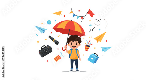 A happy young boy holding an umbrella surrounded by floating objects.