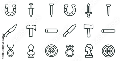 Medieval and weaponry outline icons set – sword, axe, historical artifacts collection