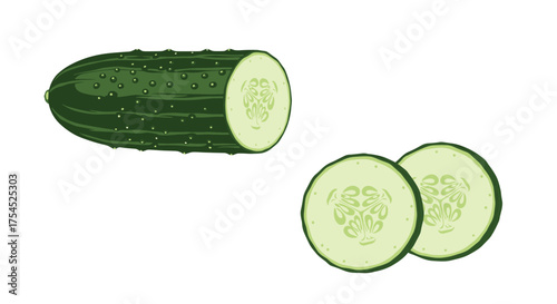 A whole cucumber and two slices of it are on a white background.