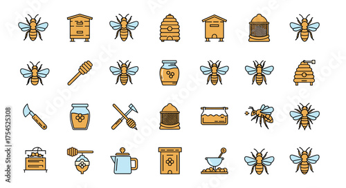 Collection of various bee and beekeeping related icons.
