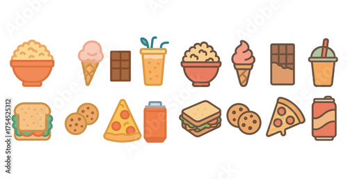 Food and beverage icons set: flat, filled, culinary and snack symbols