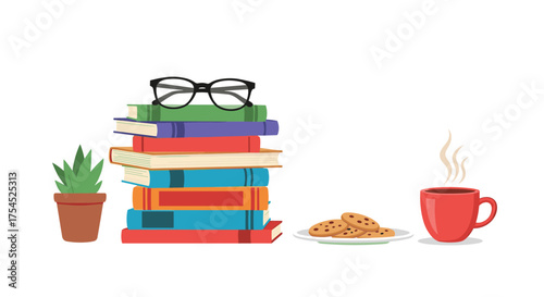 A cozy stack of books with glasses cookies and coffee.
