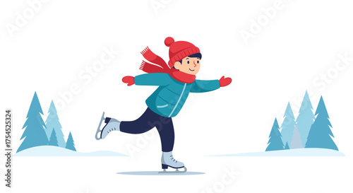 A young child enjoys ice skating outdoors on a snowy winter day.