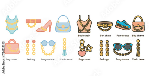 Fashion accessories flat icons set – chic, trendy, style essentials symbols