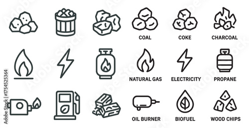 Energy and resources icons set – outline, linear, fuel and power symbols