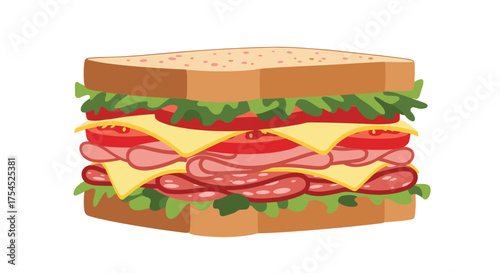 A delicious stacked sandwich filled with meats cheese and vegetables.