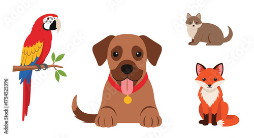 A collection of different domestic and wild animals depicted in a simple graphic style.