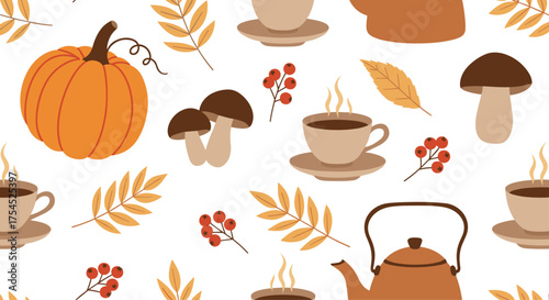 Cozy autumn pattern with pumpkin tea and mushrooms.
