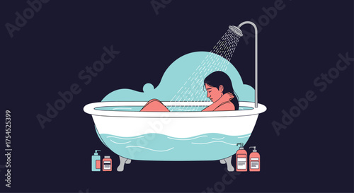 A person relaxes in a bubbly bath with shampoo bottles beside the tub.