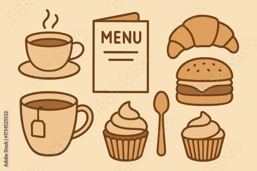 Hand drawn illustration of a cafe menu with coffee tea cupcakes croissant and burger
