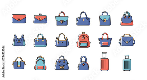 A collection of diverse pixel art handbags and travel bags.