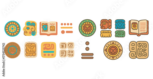 Ancient mayan line icons set – flat, outline, historical and cultural symbols