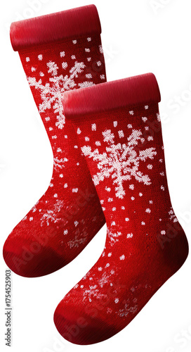 Two vibrant red Christmas socks, adorned with white snowflake patterns and a dark background