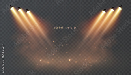 A vector scene with warm spotlights creating diagonal beams, soft haze, and dusty highlights. Suitable for both dark and light backgrounds.