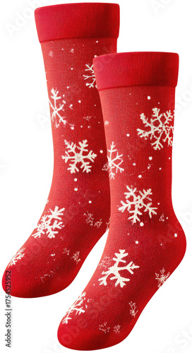 Festive red socks adorned with white snowflake patterns, perfect for cold winter days