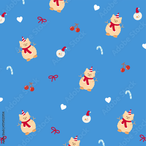 Christmas and New Year pattern with cat, snowman, candy cane, cherry, red ribbon on blue background for festive wallpaper, backdrop, winter decoration, gift wrap, packaging, paper design, card print