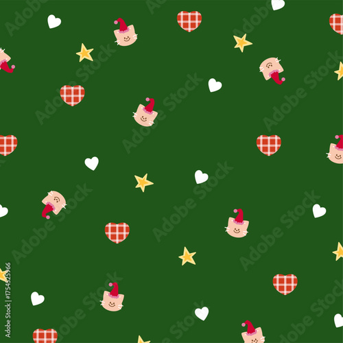 Christmas and New Year pattern with cat wearing Santa hat, heart, star on green background for festive wallpaper, backdrop, winter decoration, gift wrap, packaging, paper design, card print