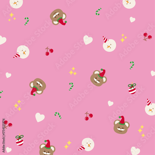 Christmas and New Year pattern with teddy bear, snowman, candy cane, cherry, white hearts on pink background for festive wallpaper, backdrop, winter decoration, gift wrap, packaging, paper design