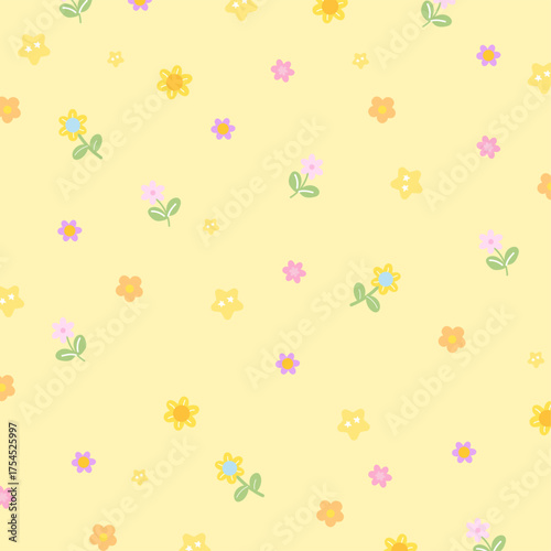Spring and summer pattern with flowers on pastel yellow background for floral print, wallpaper, backdrop, summer decoration, gift wrap, packaging, paper design, nature, garden, fabric print, duvet