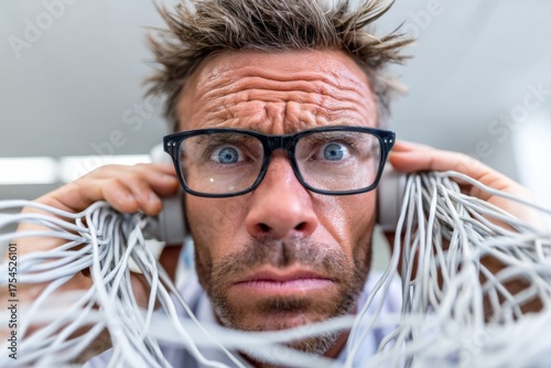 Man struggles with tangled headphones while displaying frustration in a bright indoor setting during the day