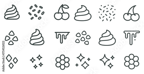 Dessert and sweets icons set – outline, linear, confectionery and culinary symbols