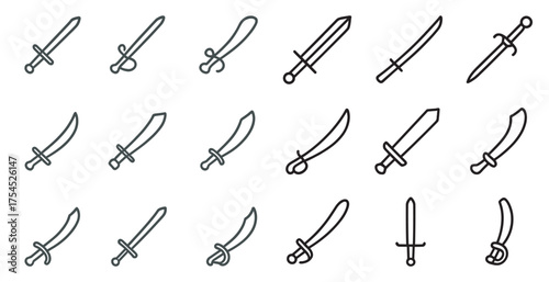 Medieval sword outline icons set – linear, silhouette, ancient weapon symbols
