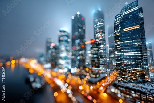 Nighttime cityscape featuring tall skyscrapers illuminated by bright lights near a river