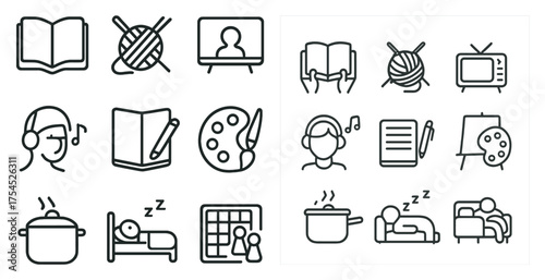 Hobbies and leisure outline icons set – flat, line, recreational activity symbols