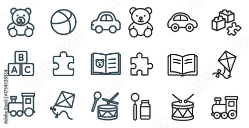 Toys and games outline icons set – linear, flat, children’s play symbols