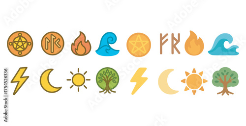 Magic and alchemy flat icons set – solid, filled, mystical and esoteric symbols