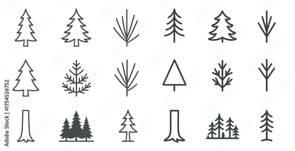 Fototapeta premium Nature and forest outline icons set – linear, tree, woodland symbols for design