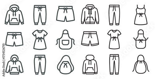 Apparel and clothing outline icons set – fashion, wardrobe, garment symbols